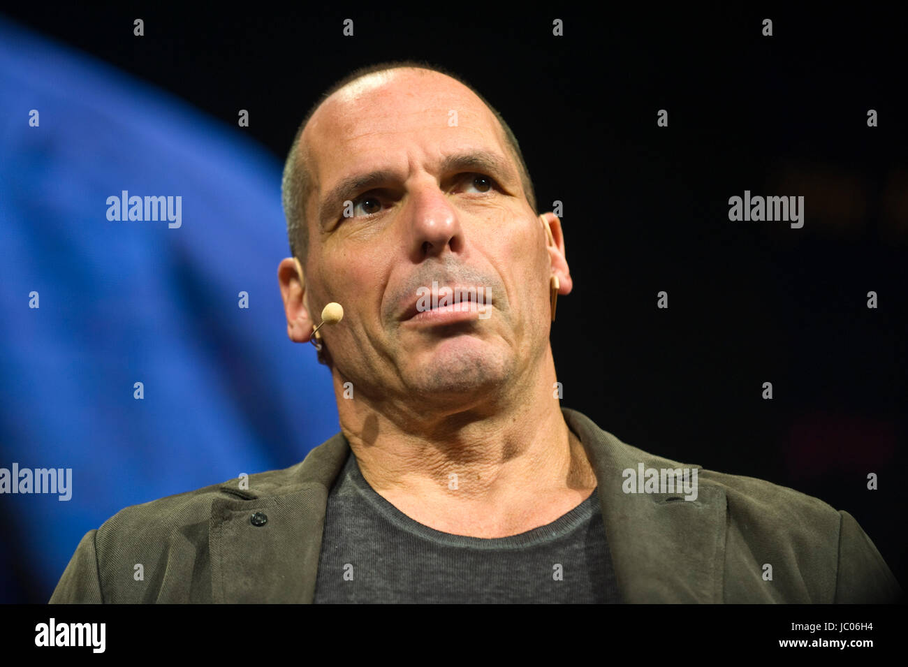 Yanis Varoufakis Greek economist academic & politician speaking on stage from lectern at Hay Festival of Literature and the Arts 2017 Hay-on-Wye Powys Wales UK Stock Photo