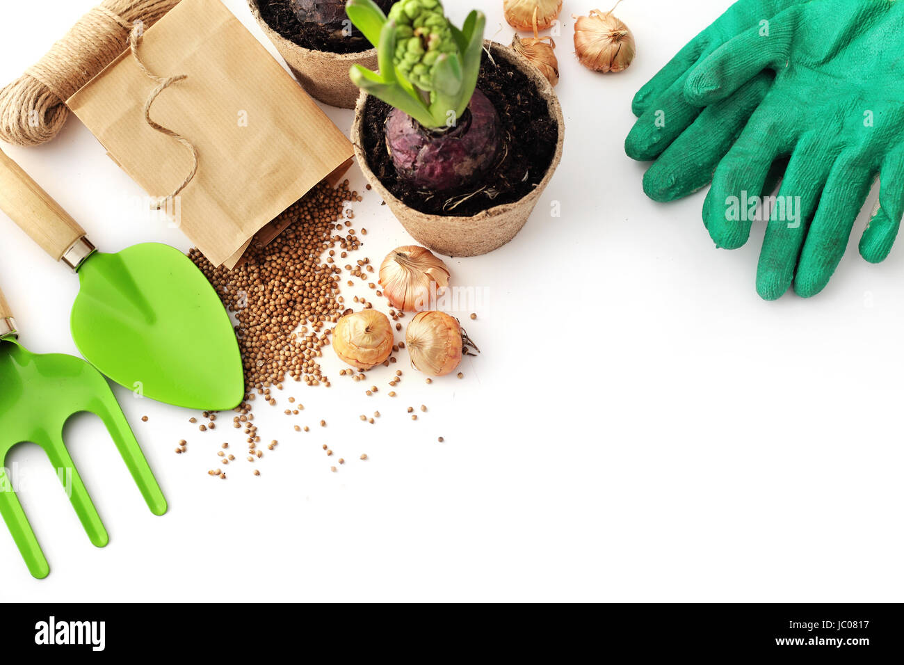 Gardening tools, watering can, seeds, plants and soil Stock Photo Alamy