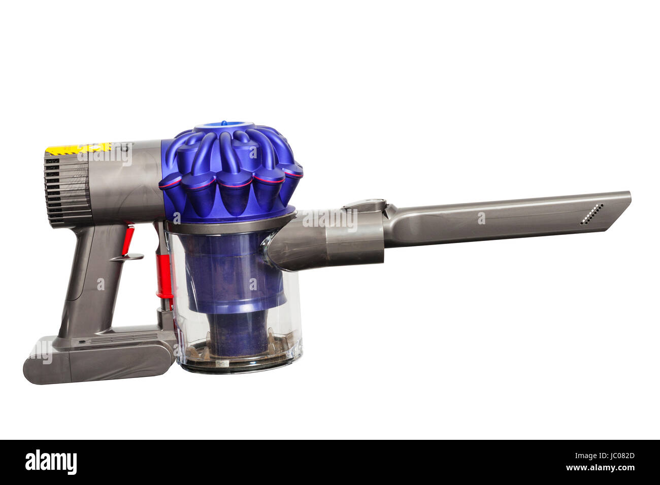 The Dyson V6 Animal cordless upright wand vacuum cleaner hoover on a white background Stock Photo
