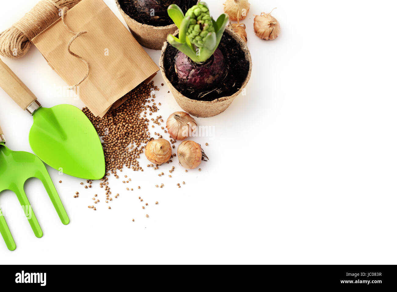 Gardening tools, watering can, seeds, plants and soil. white background Stock Photo Alamy