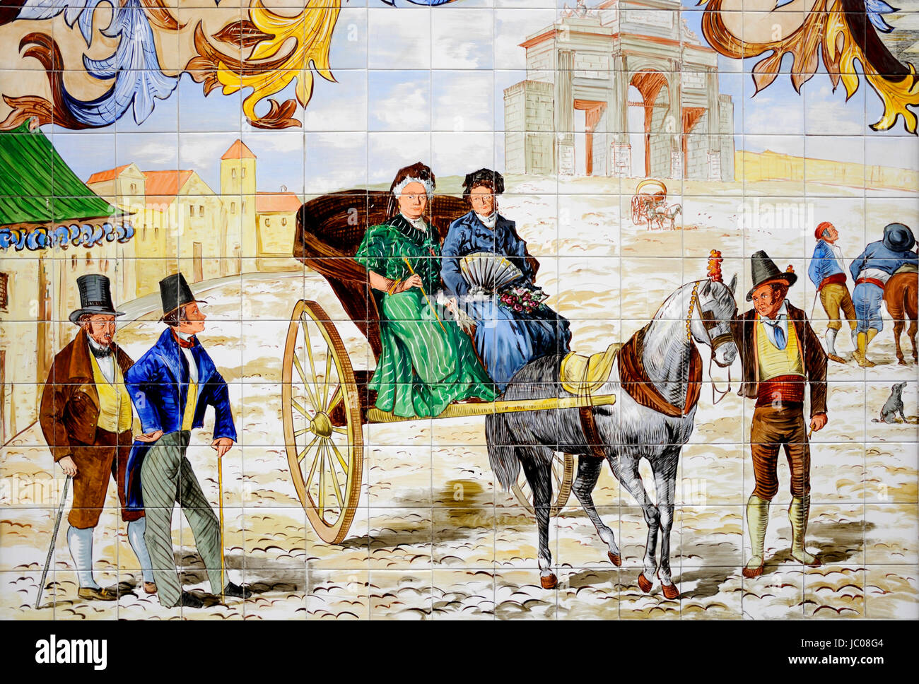 Madrid, Spain. La Chata Restaurant in Cava Baja. Famous Tiled Facade. Detail of ladies in carriage Stock Photo