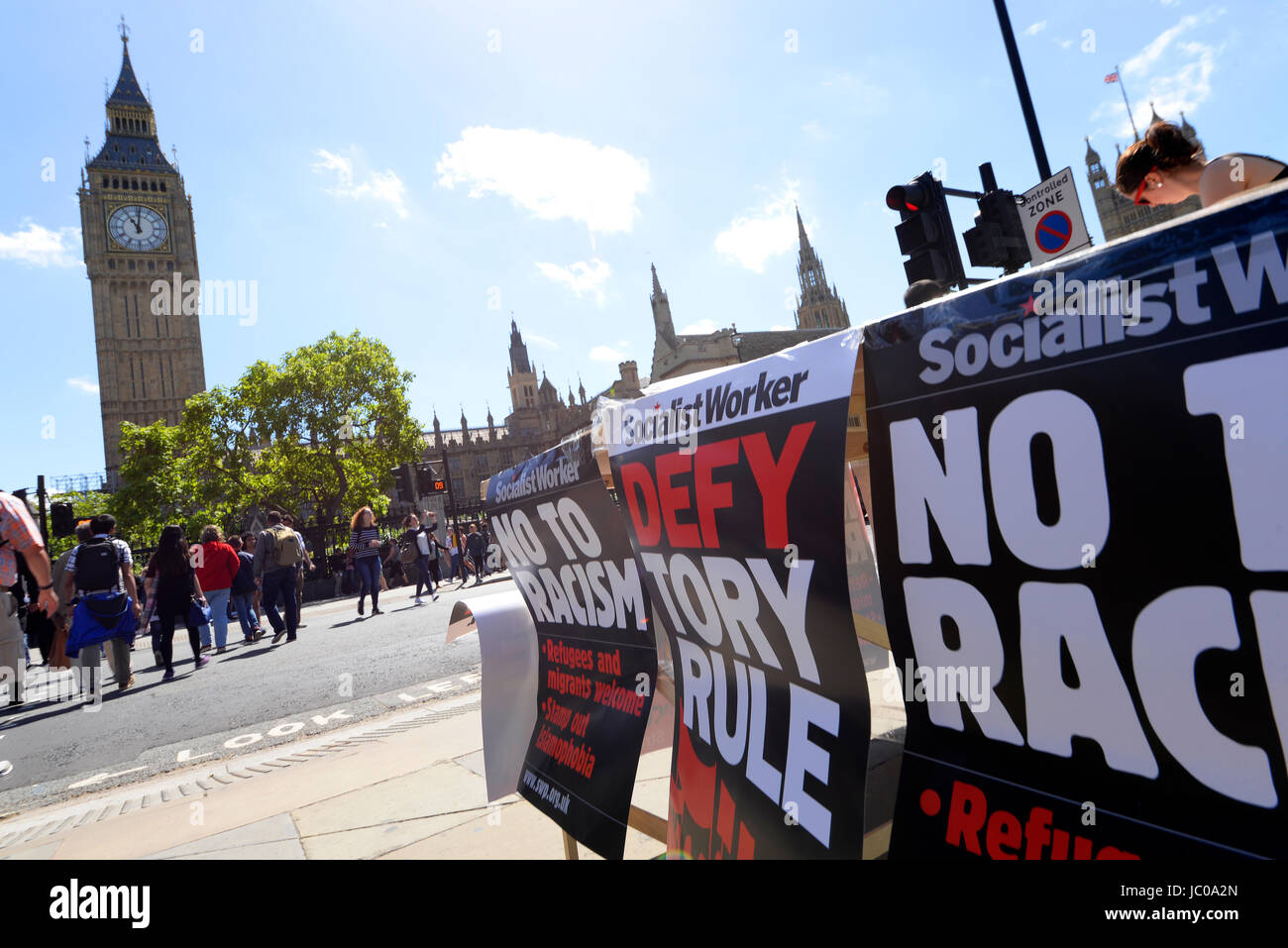 Demonstrators against the Tory DUP alliance gathered in Parliament Square and marched on Downing Street. London. Big Ben. Space for copy Stock Photo
