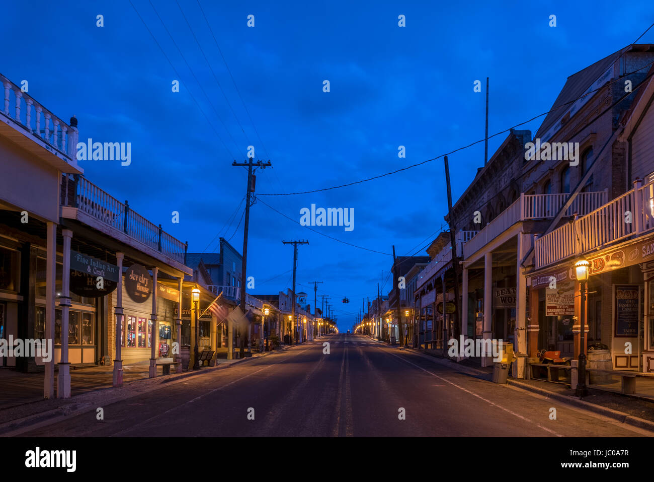 Nighttime on the historic main street of Virginia City, Nevada Stock