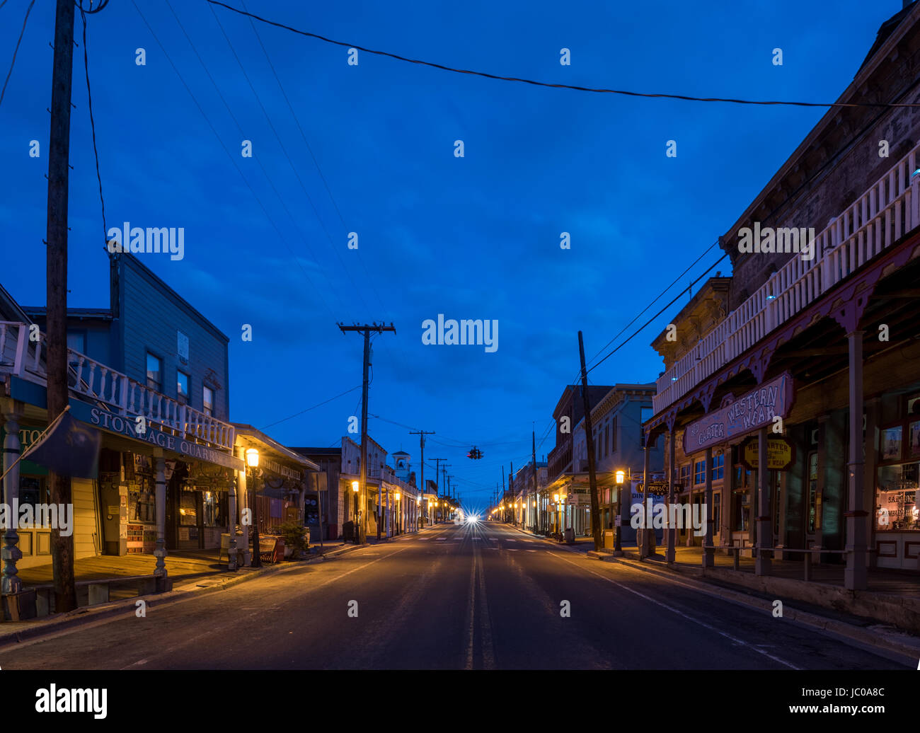 Nighttime on the historic main street of Virginia City, Nevada Stock