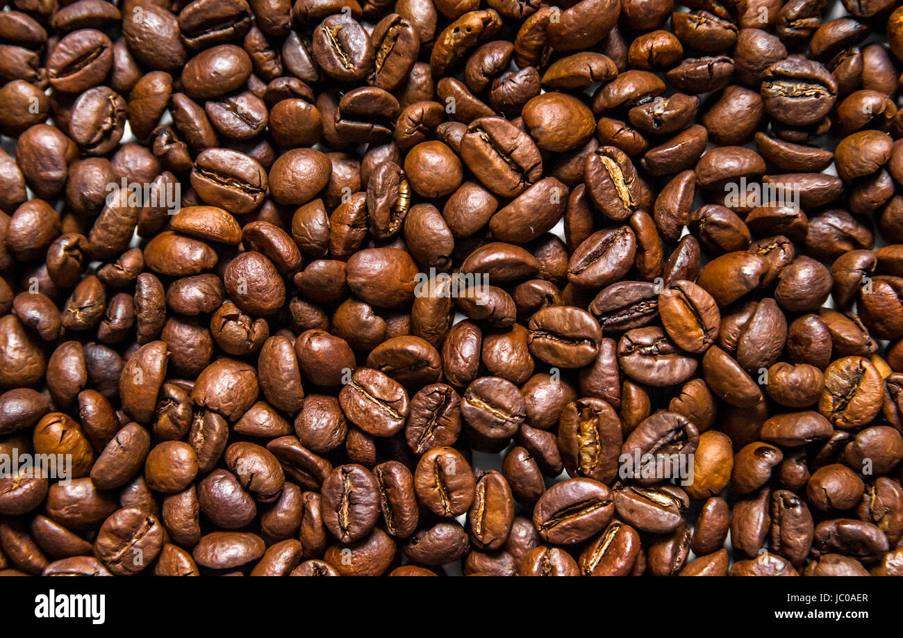 Mixture of different kinds of coffee beans. Coffee Background. roasted