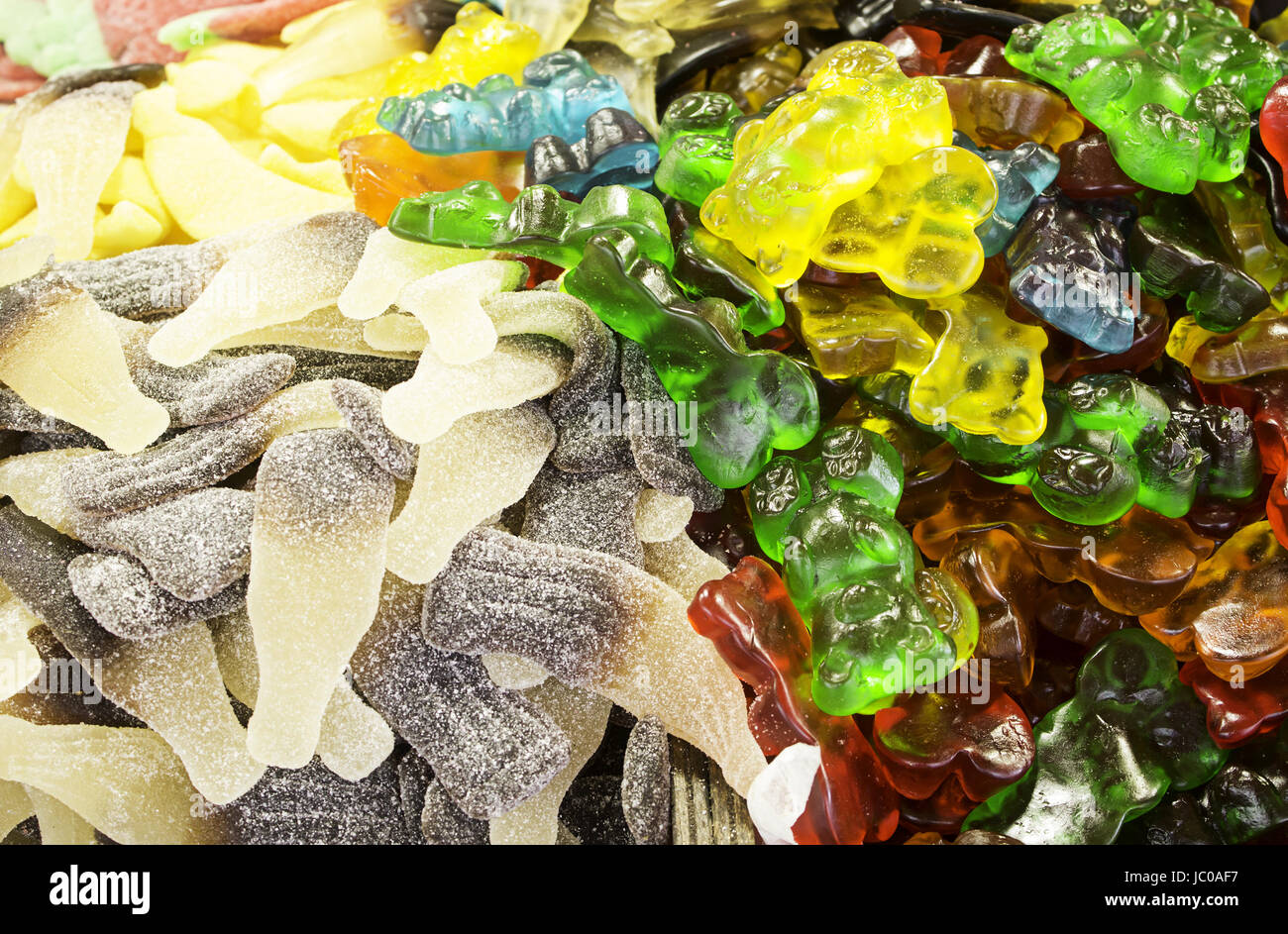 Licorice jelly beans Store sugar, unhealthy food and sweets Stock Photo