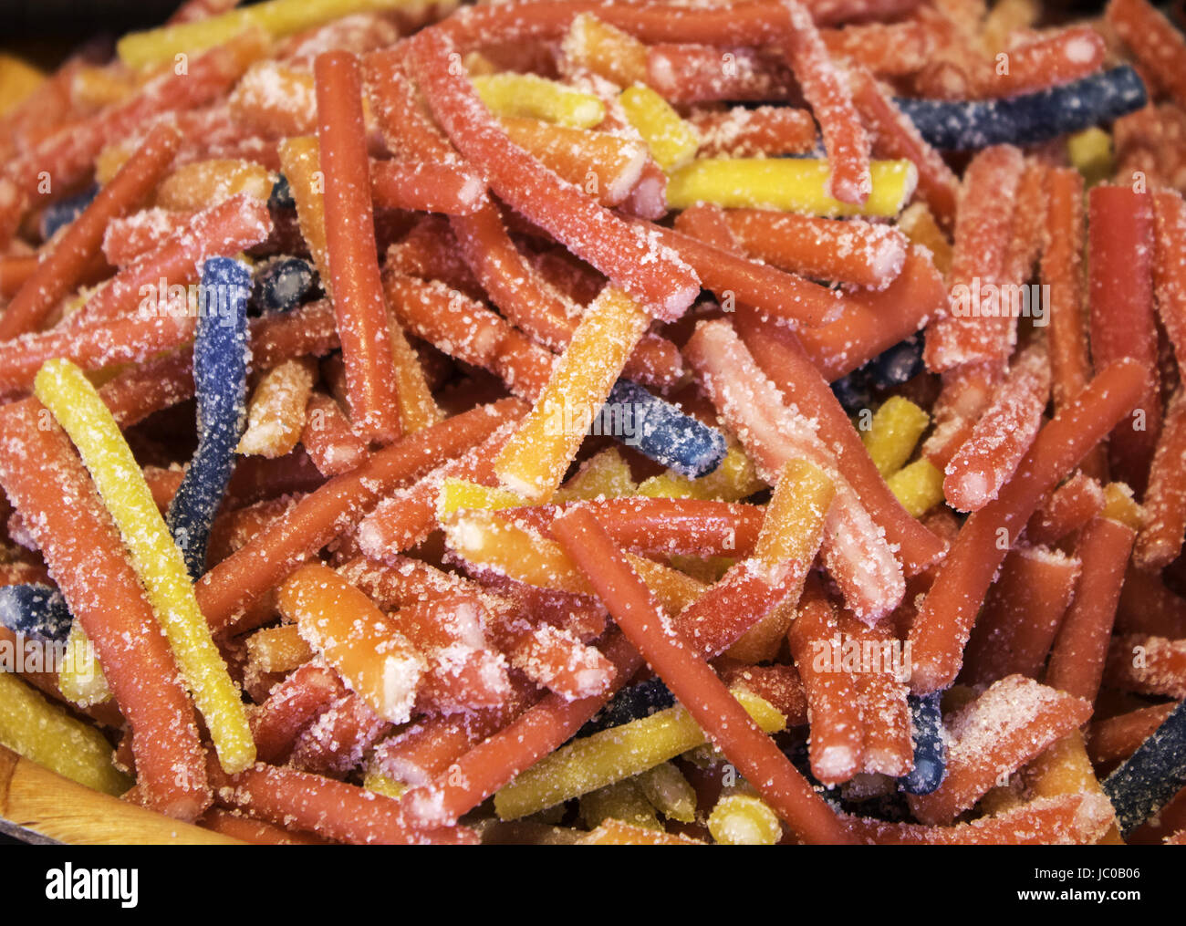 Licorice jelly beans Store sugar, unhealthy food and sweets Stock Photo