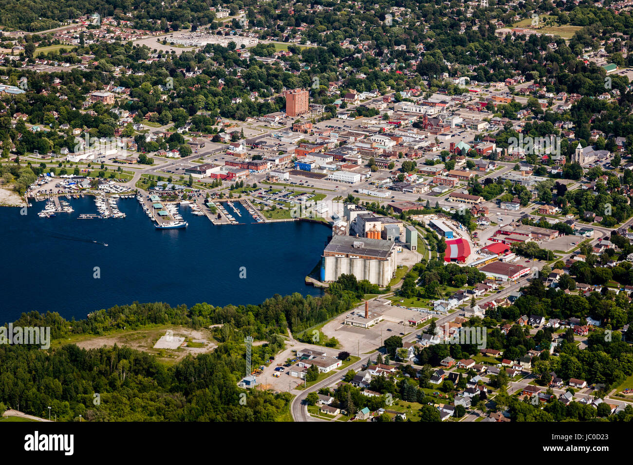 An Aerial view of Midland Ontario downtown and harbour on Georgian Bay. Stock Photo