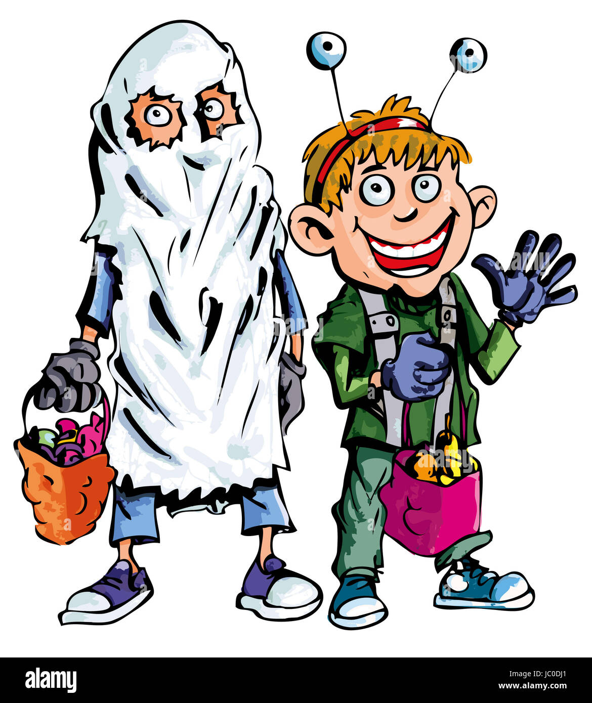 Cartoon of halloween children dressed as a ghost and alien Stock Photo ...