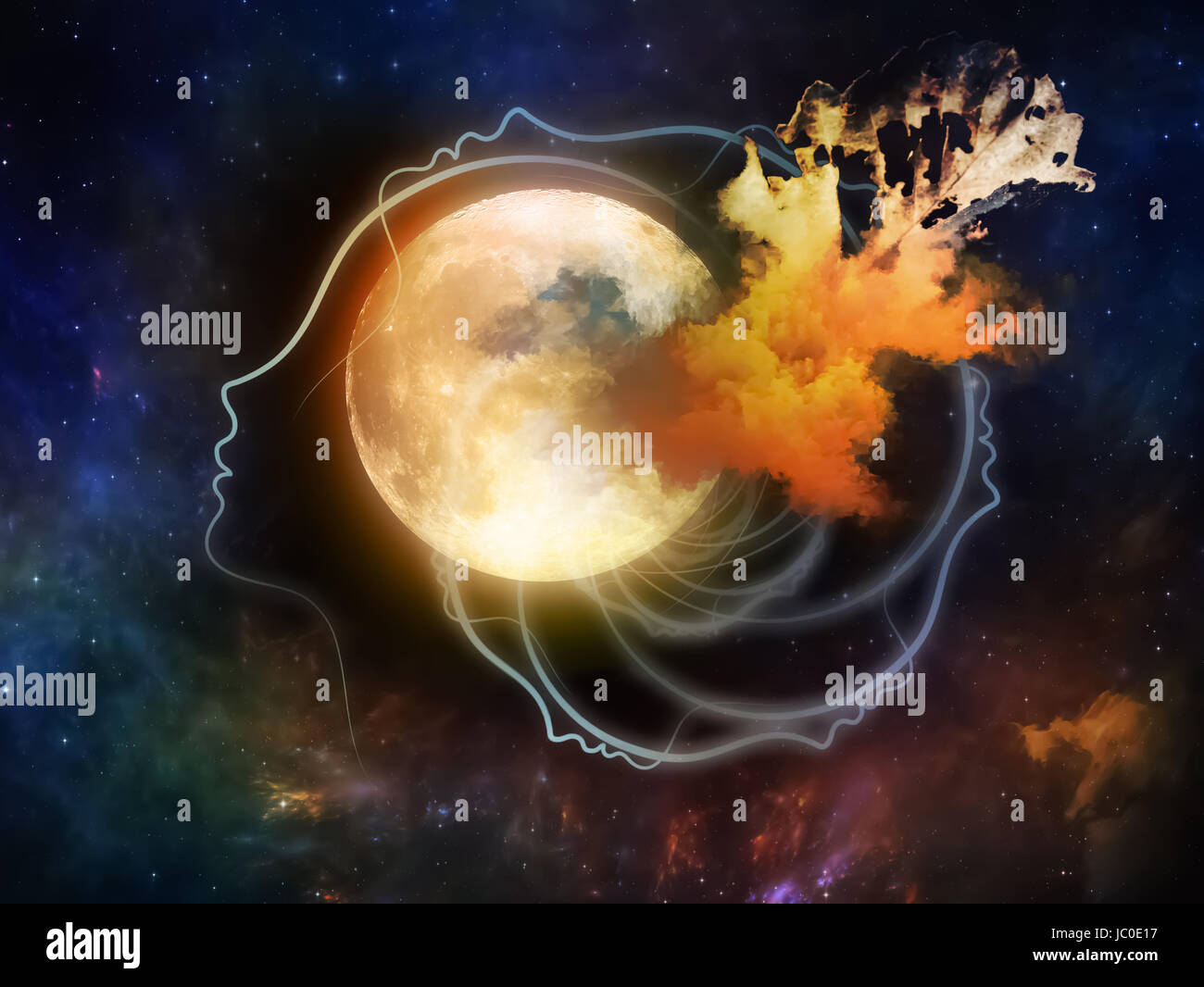 Inner Moon series. Design composed of moon, human profile and design elements as a metaphor on the subject of spirit world, dreams, imagination, astrology and the mind Stock Photo