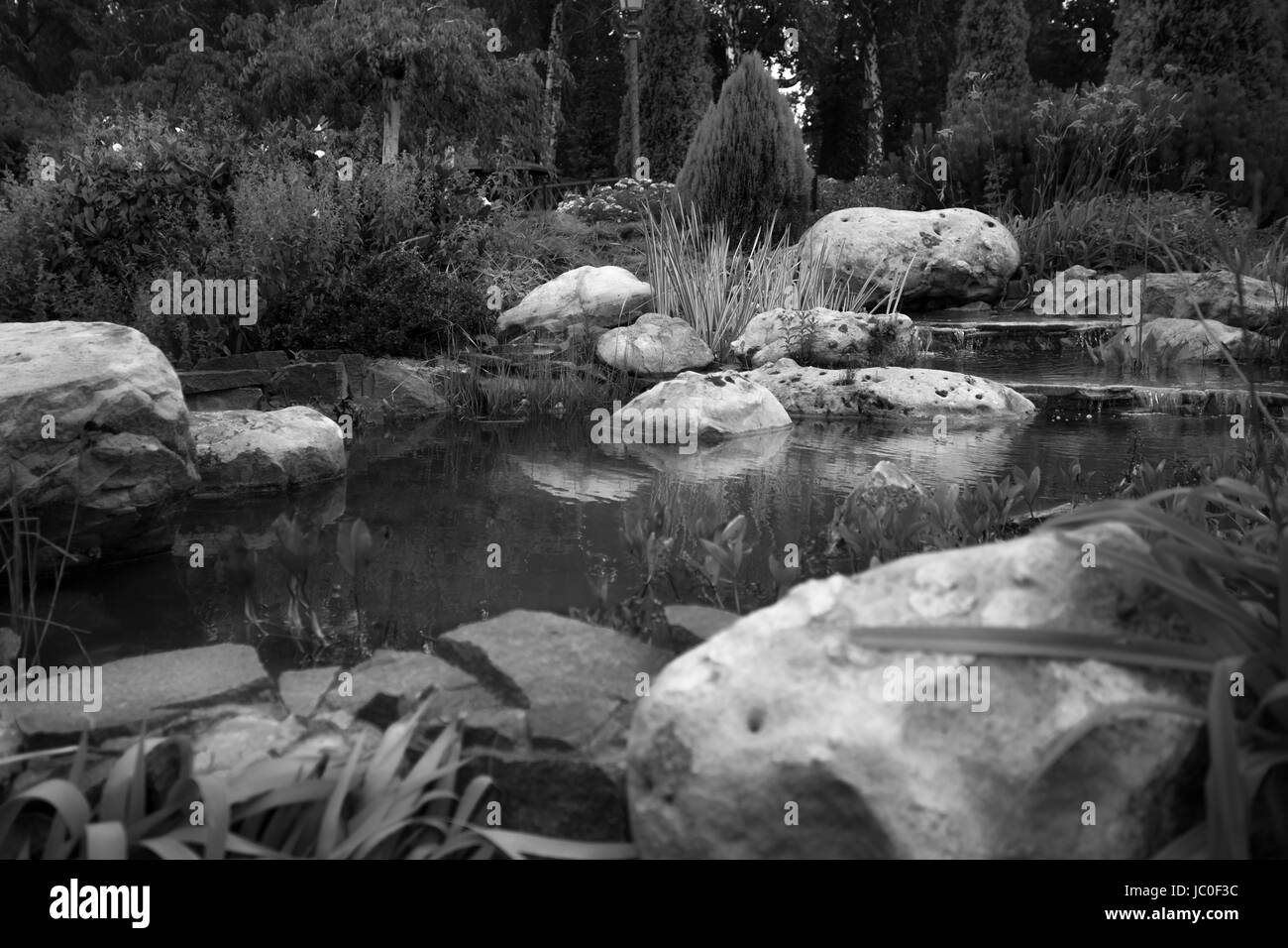 Black and white landscape of beautiful pond with big boulders in garden ...