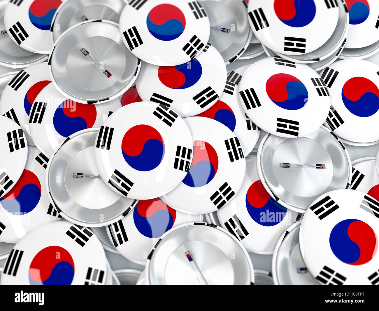 Korean Button Top view on pile of button badges with flag of South Korea. Realistic ...