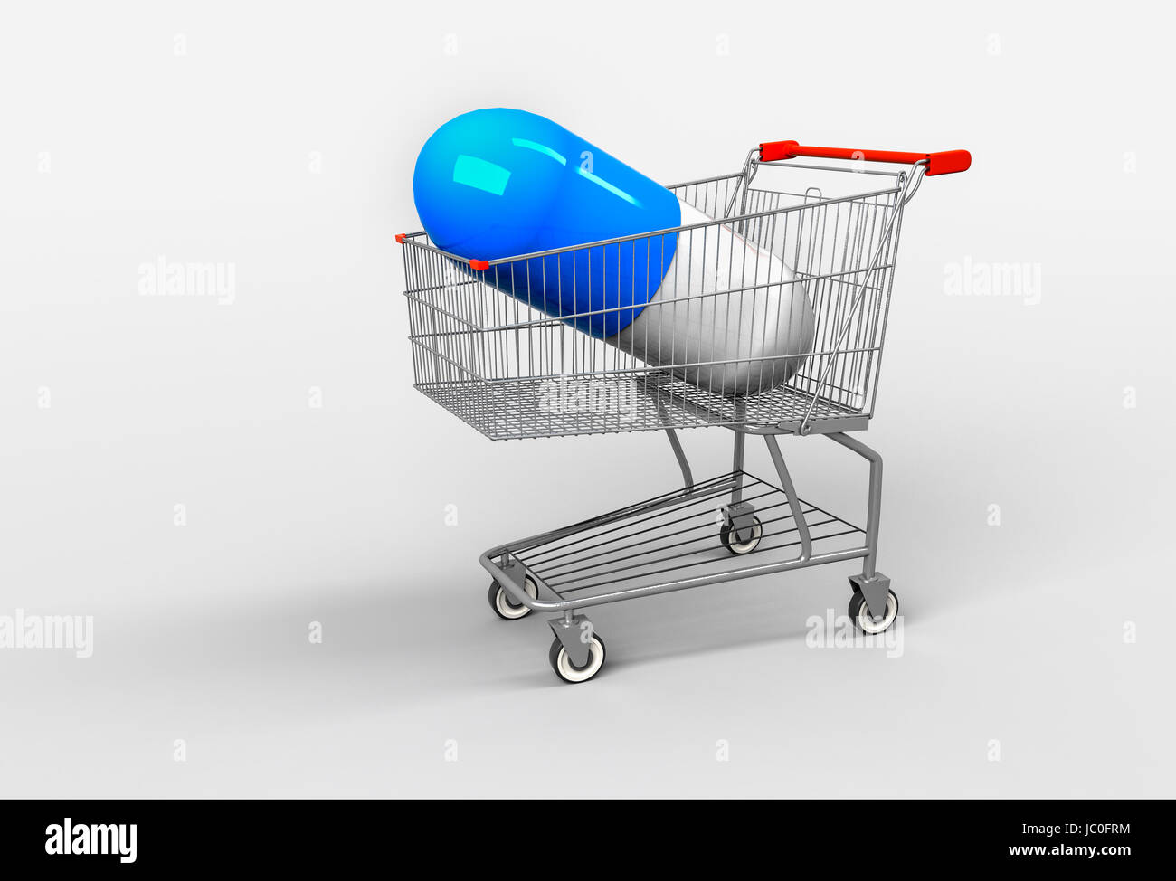 Cart Capsule Big blue capsule with medicines lying on shopping cart. Concept of ...