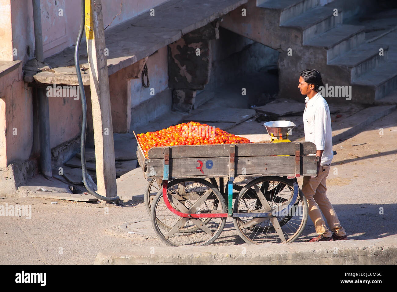 Local man pushing cart with tomatoes in Jaipur, India. Jaipur is the capital and largest city of the Indian state of Rajasthan. Stock Photo