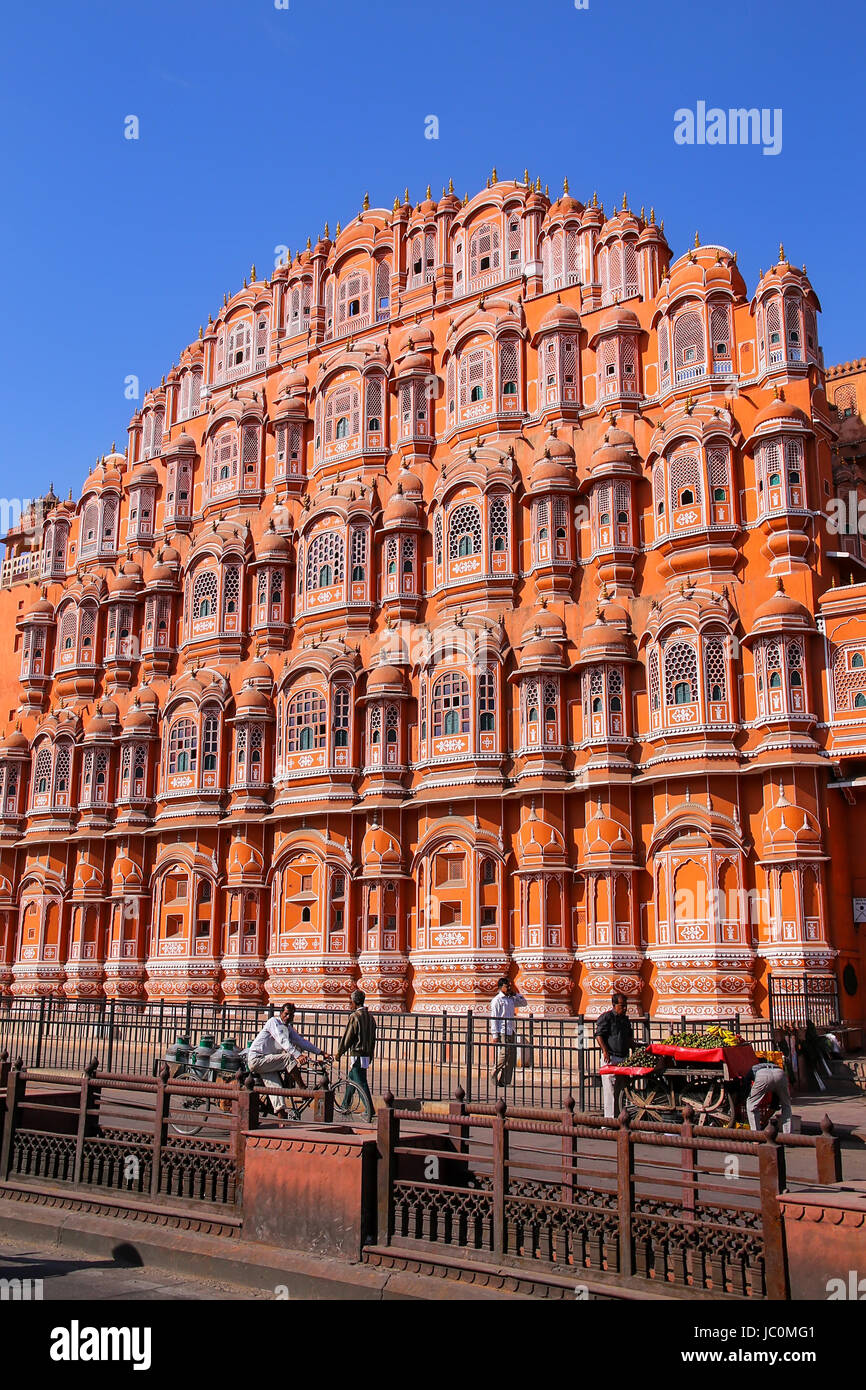 Hawa Mahal - Palace of the Winds in Jaipur, Rajasthan, India. It was designed by Lal Chand Ustad in the form of the crown of Krishna, the Hindu god. Stock Photo
