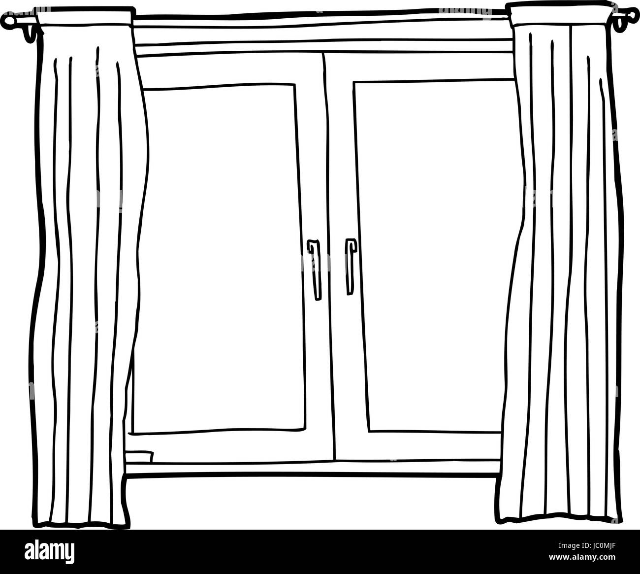 Black outline cartoon of casement windows with curtains Stock Photo Alamy
