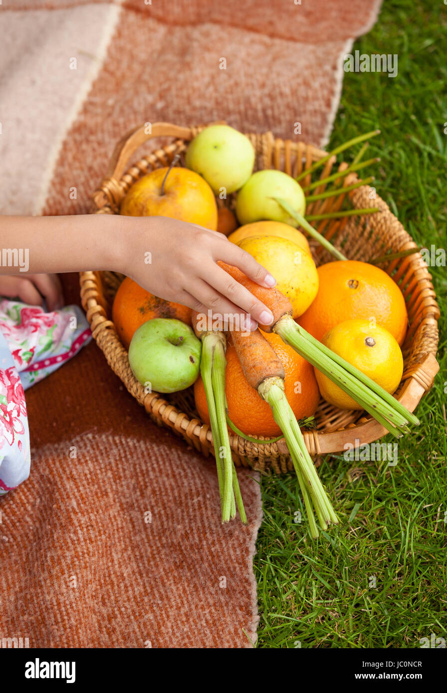 Closeup photo of girl holding basket with fruits and vegetables Stock ...