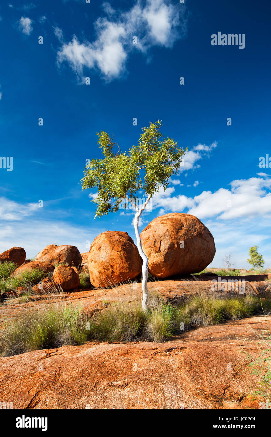 Well balanced boulder of the famous Devils Marbles. The story of the Traditional Landowners tells that Karlu Karlu are the eggs of the Rainbow Serpent. Stock Photo