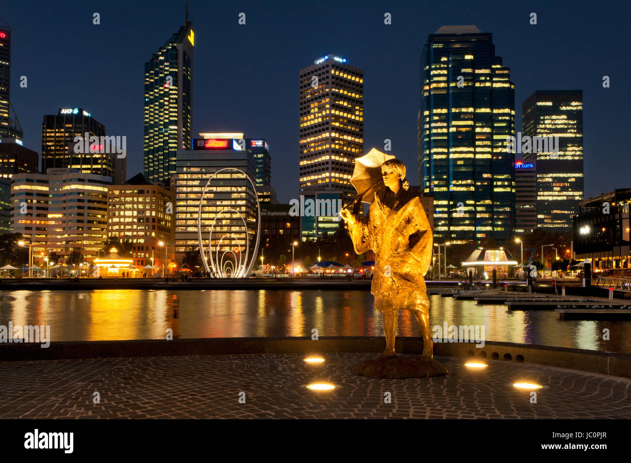 Illuminated statue of Bessie Rischbieth in Perth. Stock Photo