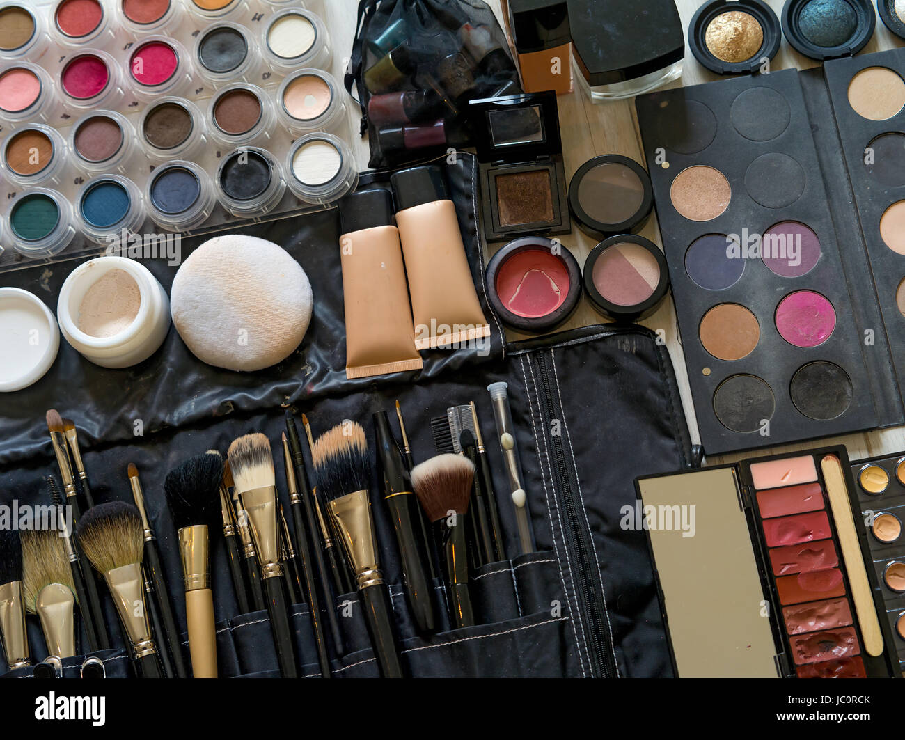 Photo of a set of makeup, applicators and brushes from a professional