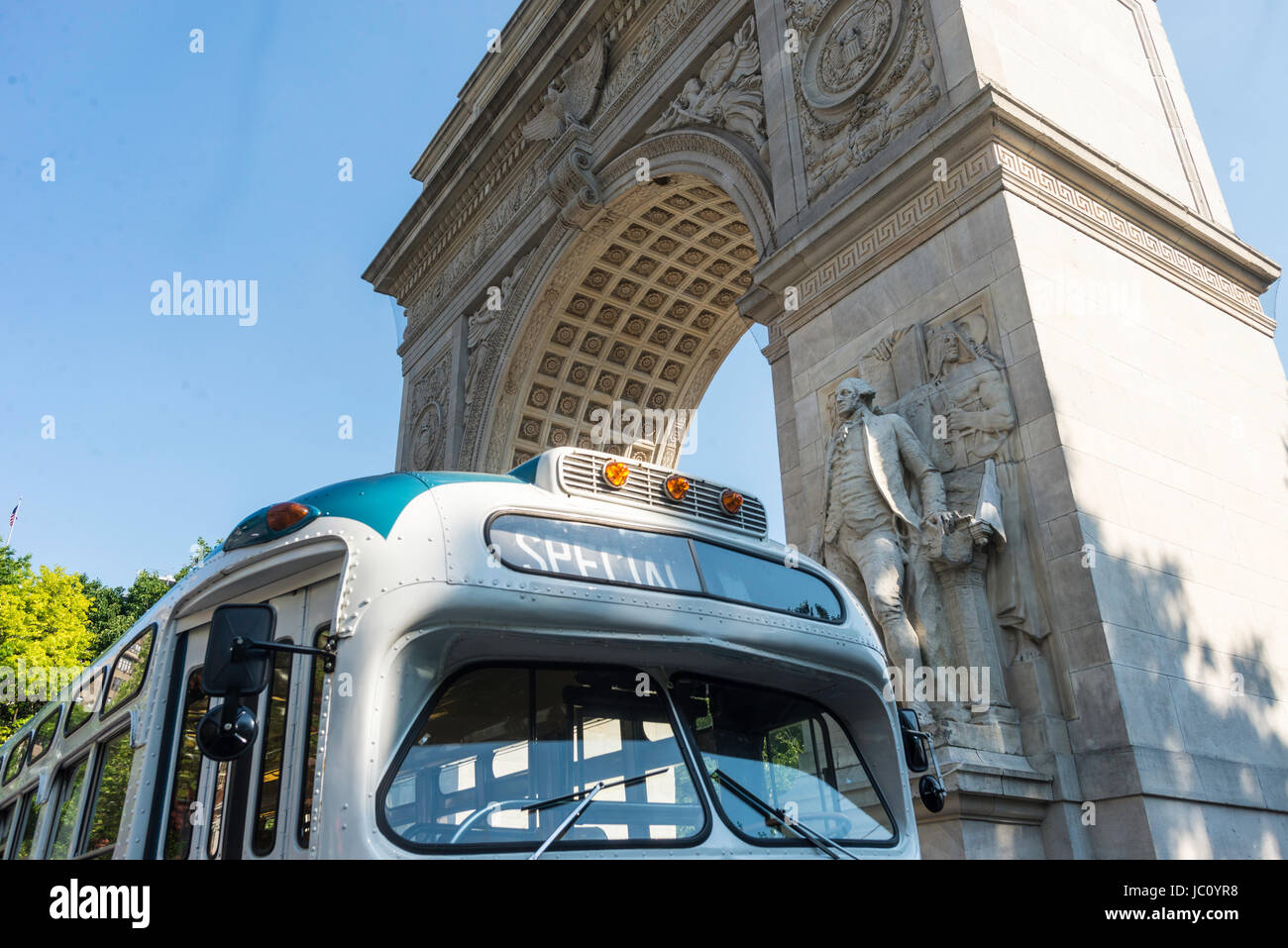 New York, NY 12 June 2017 On Location for the Amazon Prime tv series 'The Marvelous Mrs Maisel.' The episode is based on Jane Jacobs' battle with Robert Moses and the 1958 rally marking the last car to leave Washington Square Park. Since then, Washington Square Park has been closed to traffic. ©Stacy Walsh Rosenstock Stock Photo