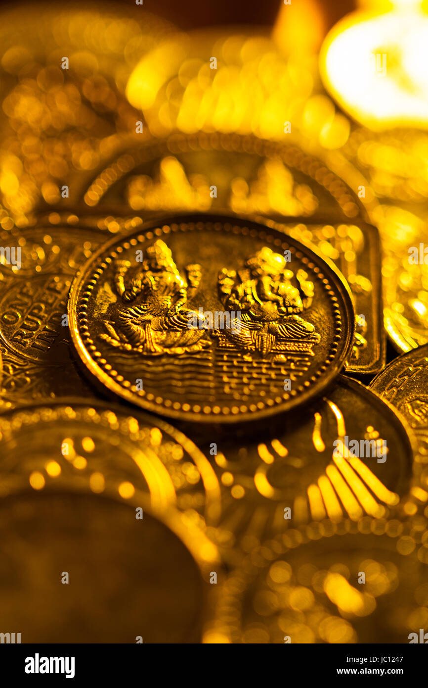 Hindu Festival Diwali Abundance Golds Coin Laxmi-Ganesh Photo No-People India Stock Photo