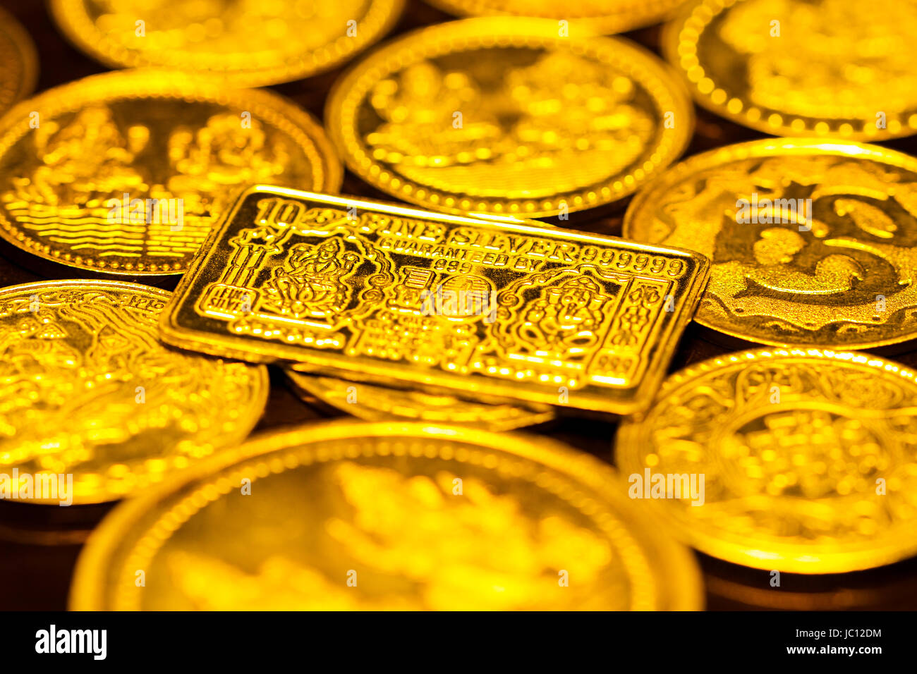 India Deepawali Festival Arranging Gold-Coin Laxmi-Ganesh Photo Nobody Money-Concept Stock Photo