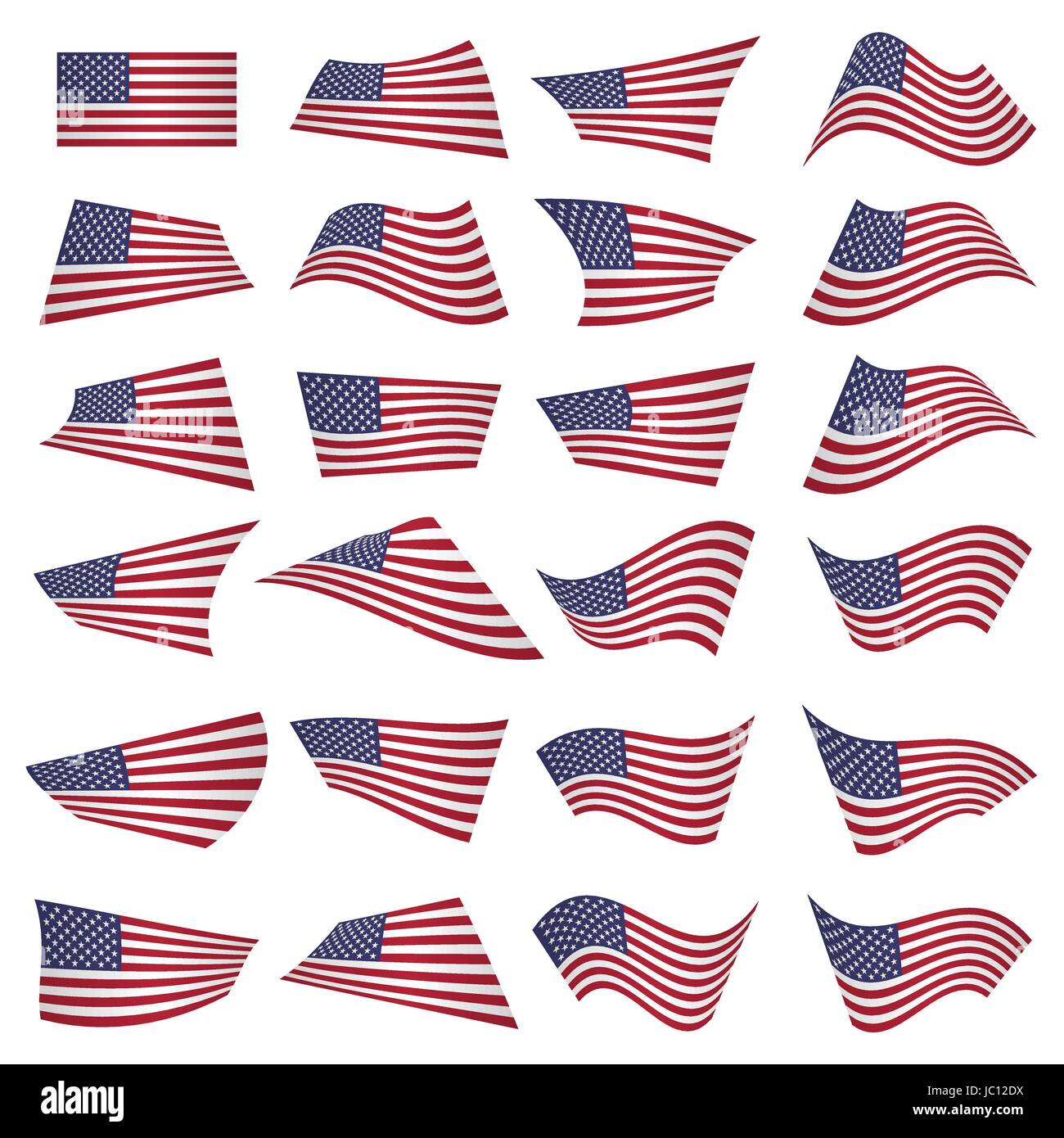 American flag set.American flag blowing in the wind.Vector illustration Stock Vector