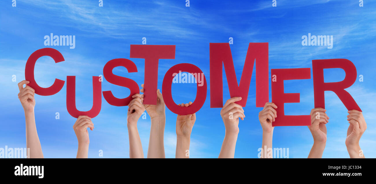 many-hands-holding-the-word-customer-in-the-sky-stock-photo-alamy