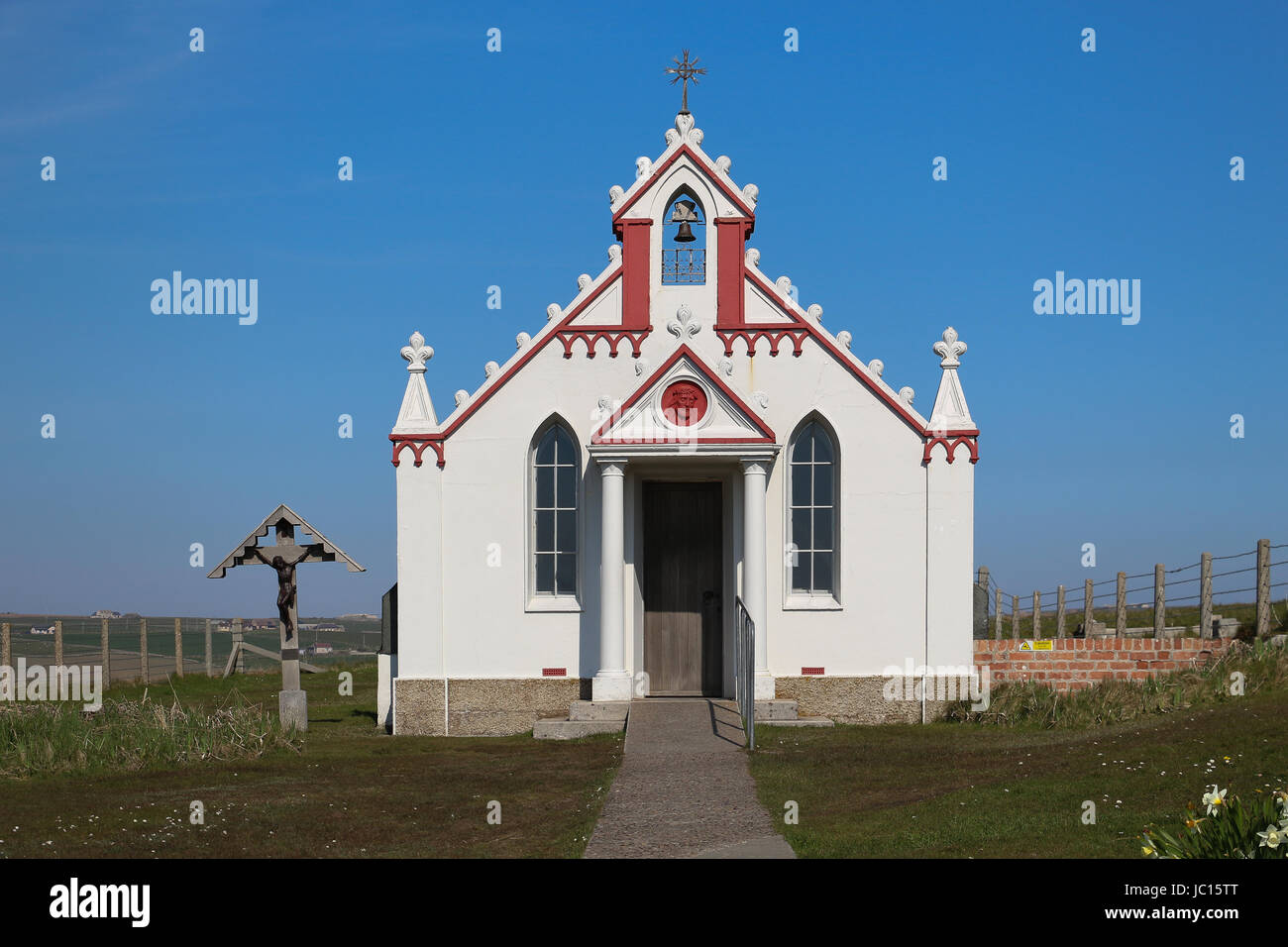 Italian Chapel on Lamb Holm in Orkney, Scotland, made from two Nissen huts by Italian prisoners who built the Churchill Barriers, is filled with art. Stock Photo