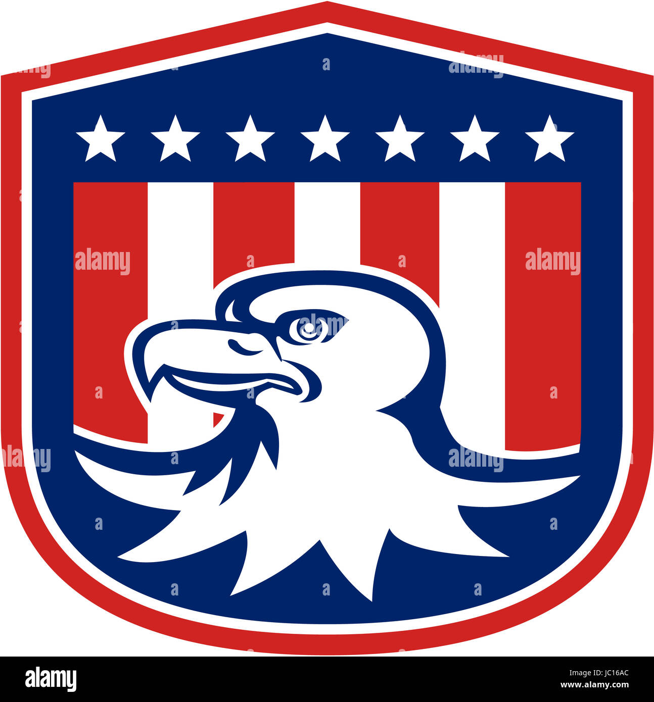 Illustration of a bald eagle head with american stars stripes flag set inside a shield crest done in retro style. Stock Photo