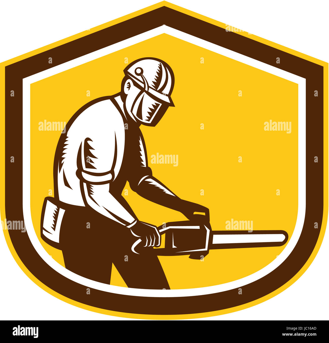 Illustration of lumberjack arborist tree surgeon operating a chainsaw set inside shield crest shape on isolated white background done in retro style. Stock Photo