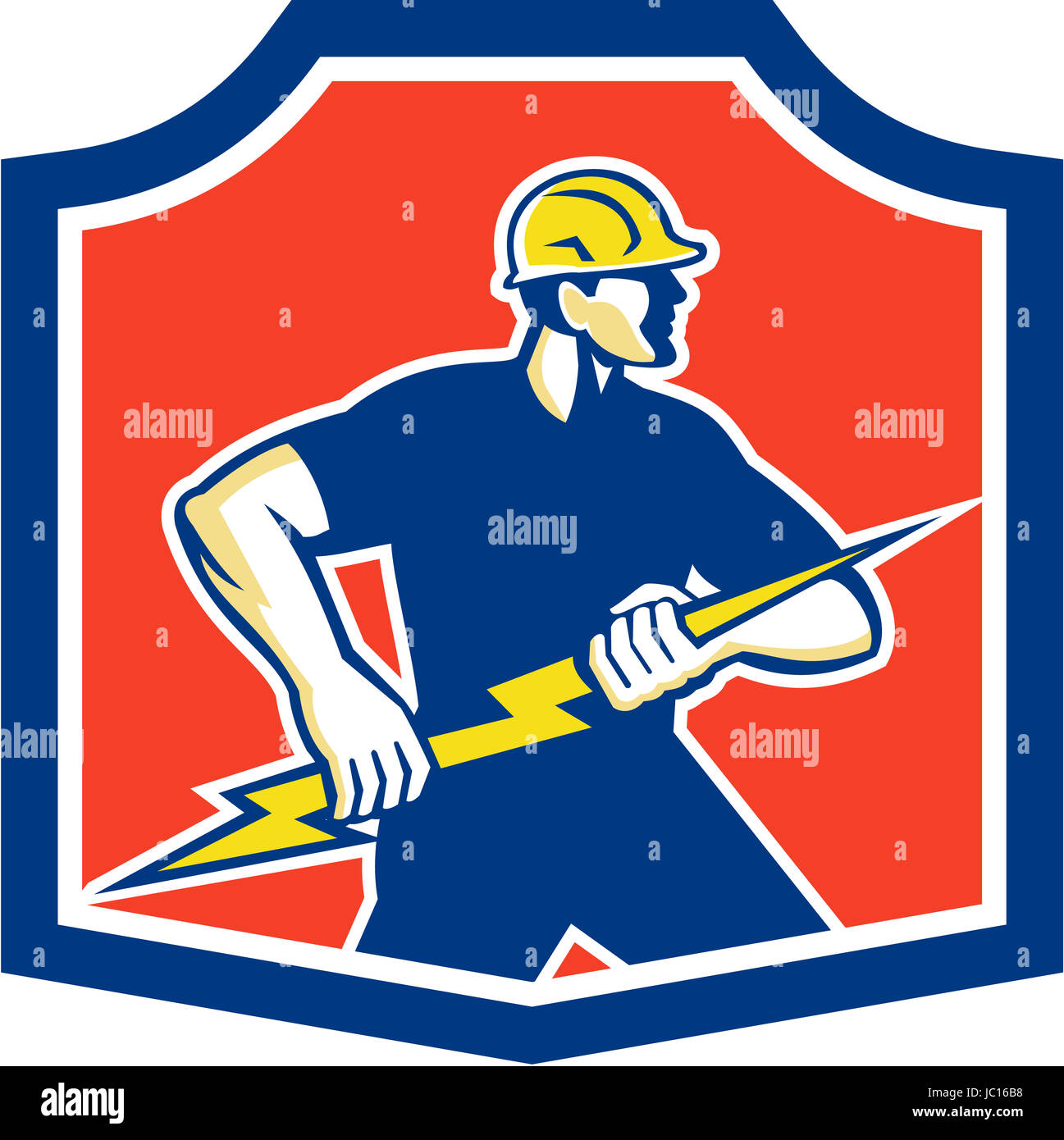 Illustration of an electrician holding a lightning bolt facing side done in retro style set inside a crest. Stock Photo