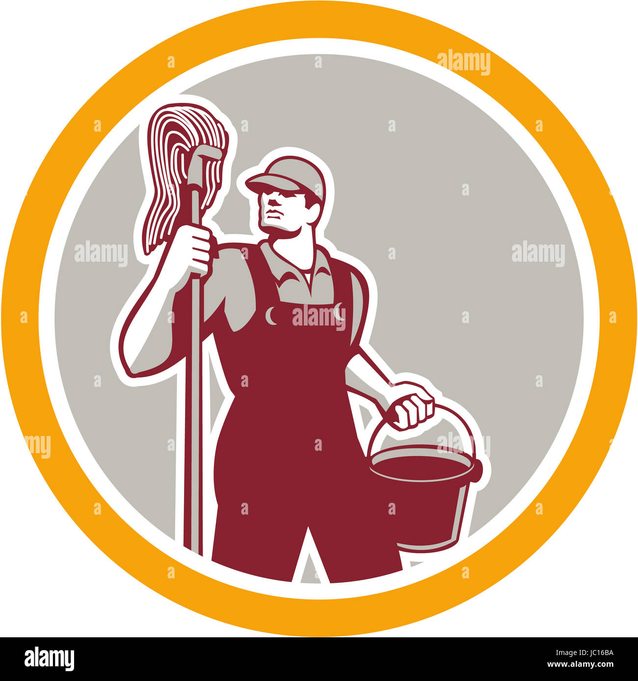Illustration of a janitor cleaner worker holding mop and water bucket pail viewed from front set inside circle on isolated background done in retro style. Stock Photo
