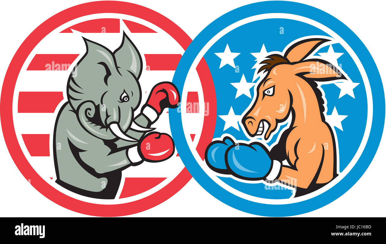 Illustration of a democrat donkey mascot of the democratic grand old party gop and republican elephant boxer boxing set inside two circle with American stars and stripes done in cartoon style. Stock Photo