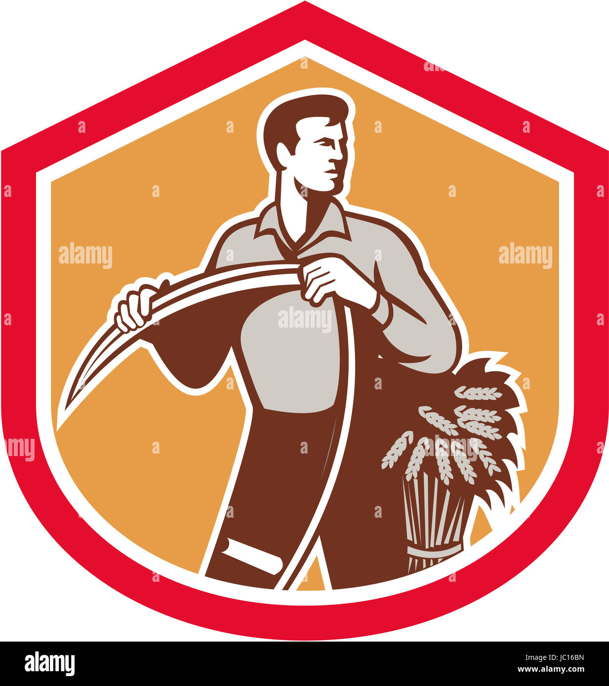 Illustration of an organic farmer farm worker holding scythe facing front with wheat set inside shield crest on isolated background done in retro style. Stock Photo