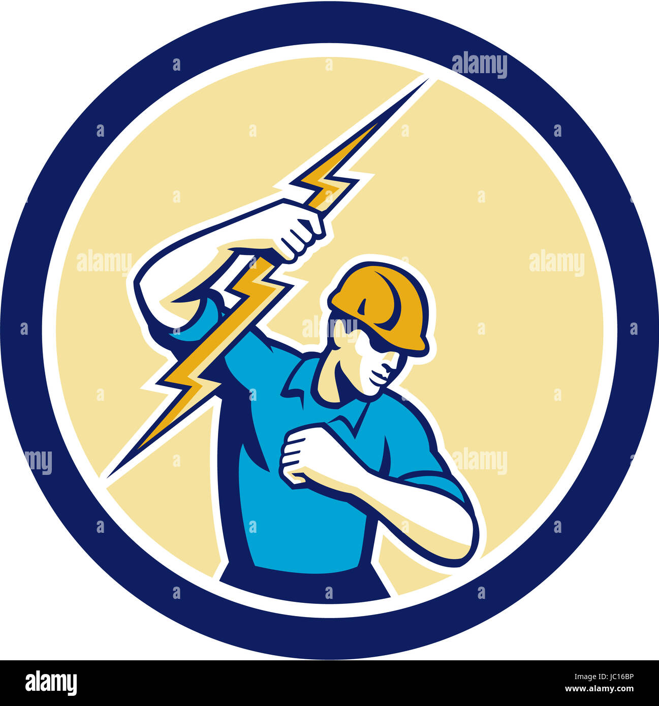 Illustration of an electrician construction worker holding a lightning bolt set inside circle done in retro style on isolated white background. Stock Photo