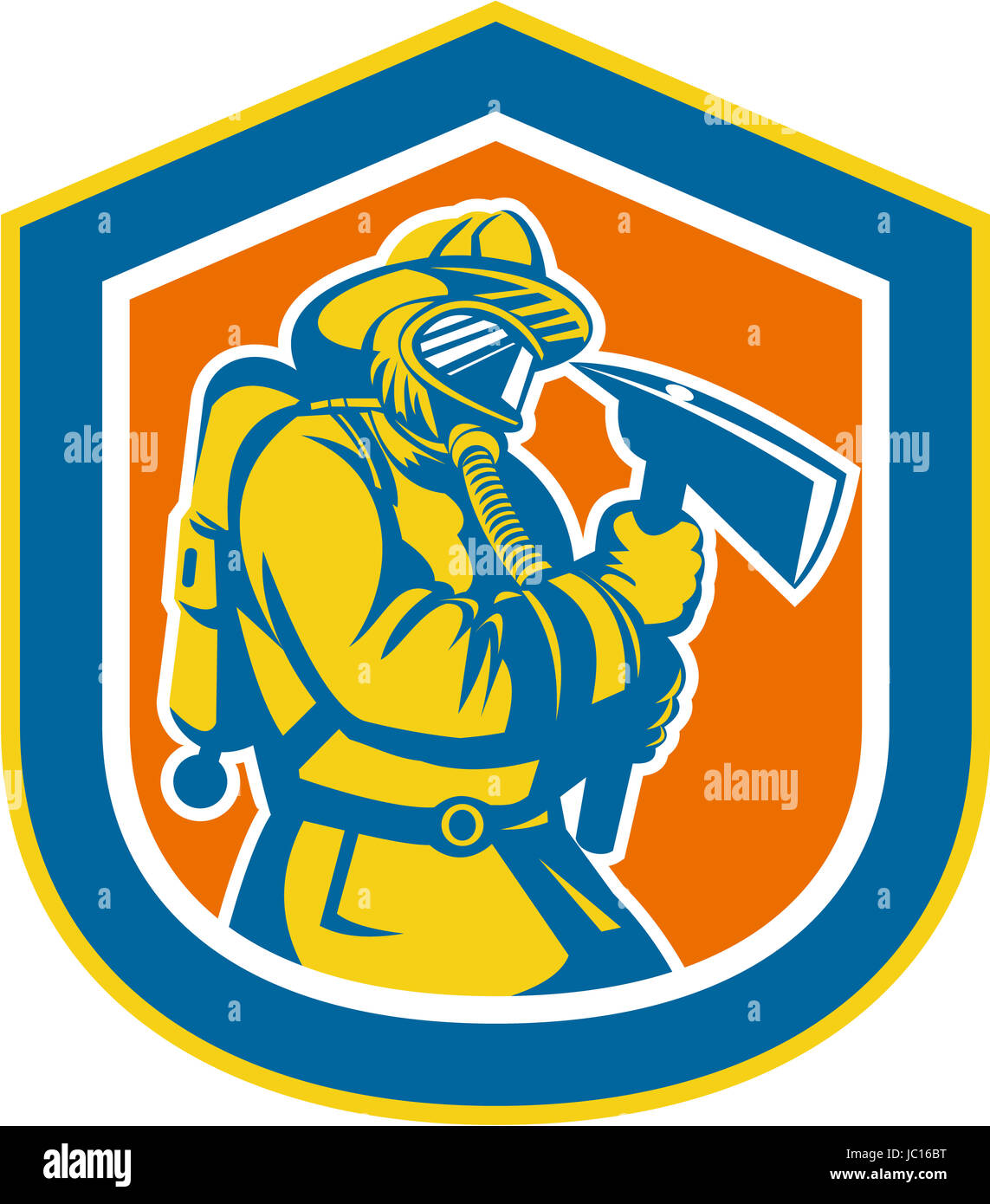 Illustration of a fireman fire fighter emergency worker holding a fire axe viewed from front set inside crest shield done in retro style. Stock Photo