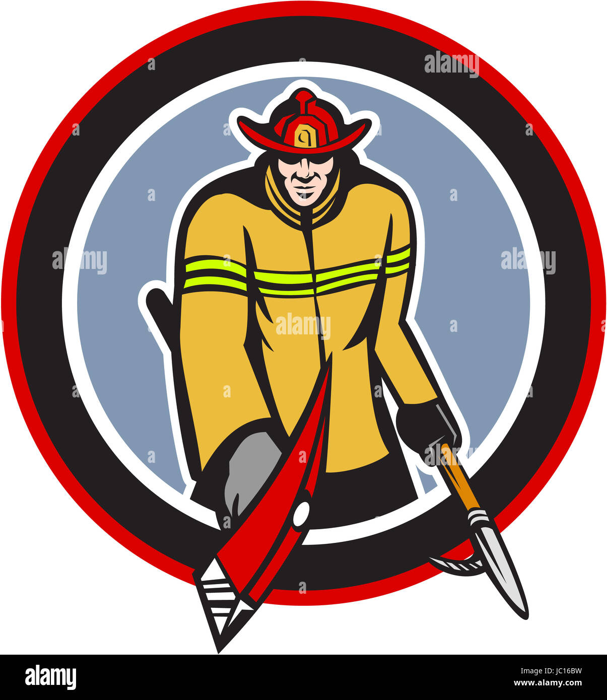 Illustration of a fireman fire fighter emergency worker holding a fire axe and hook pike pole viewed from front set inside circle done in retro style. Stock Photo