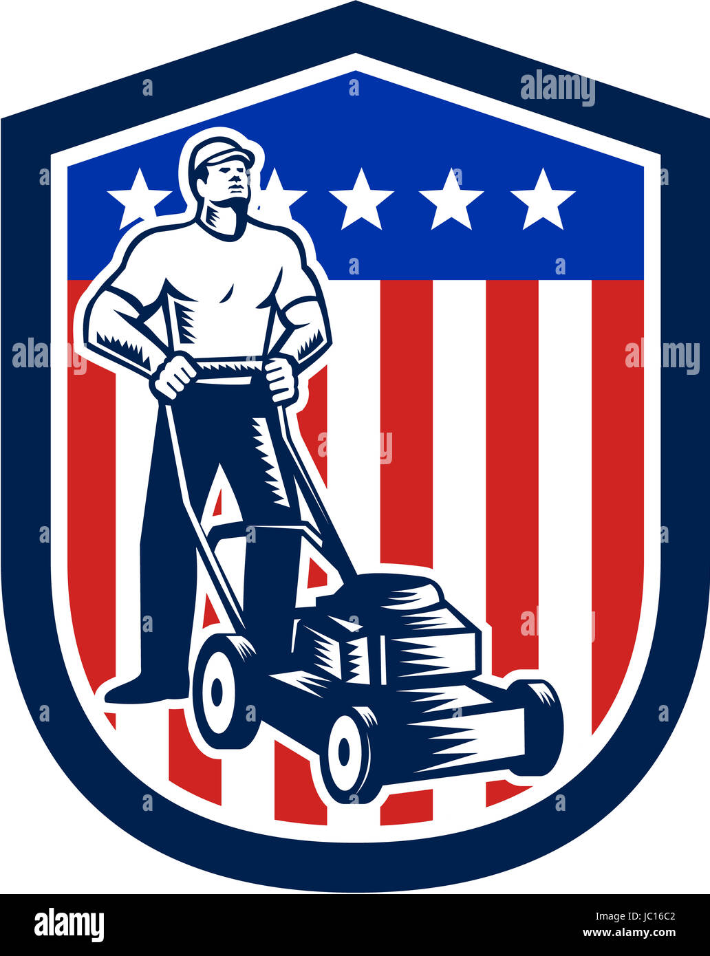Illustration of male gardener mowing with lawn mower in american flag stars stripes set inside a shield done in retro woodcut style. Stock Photo