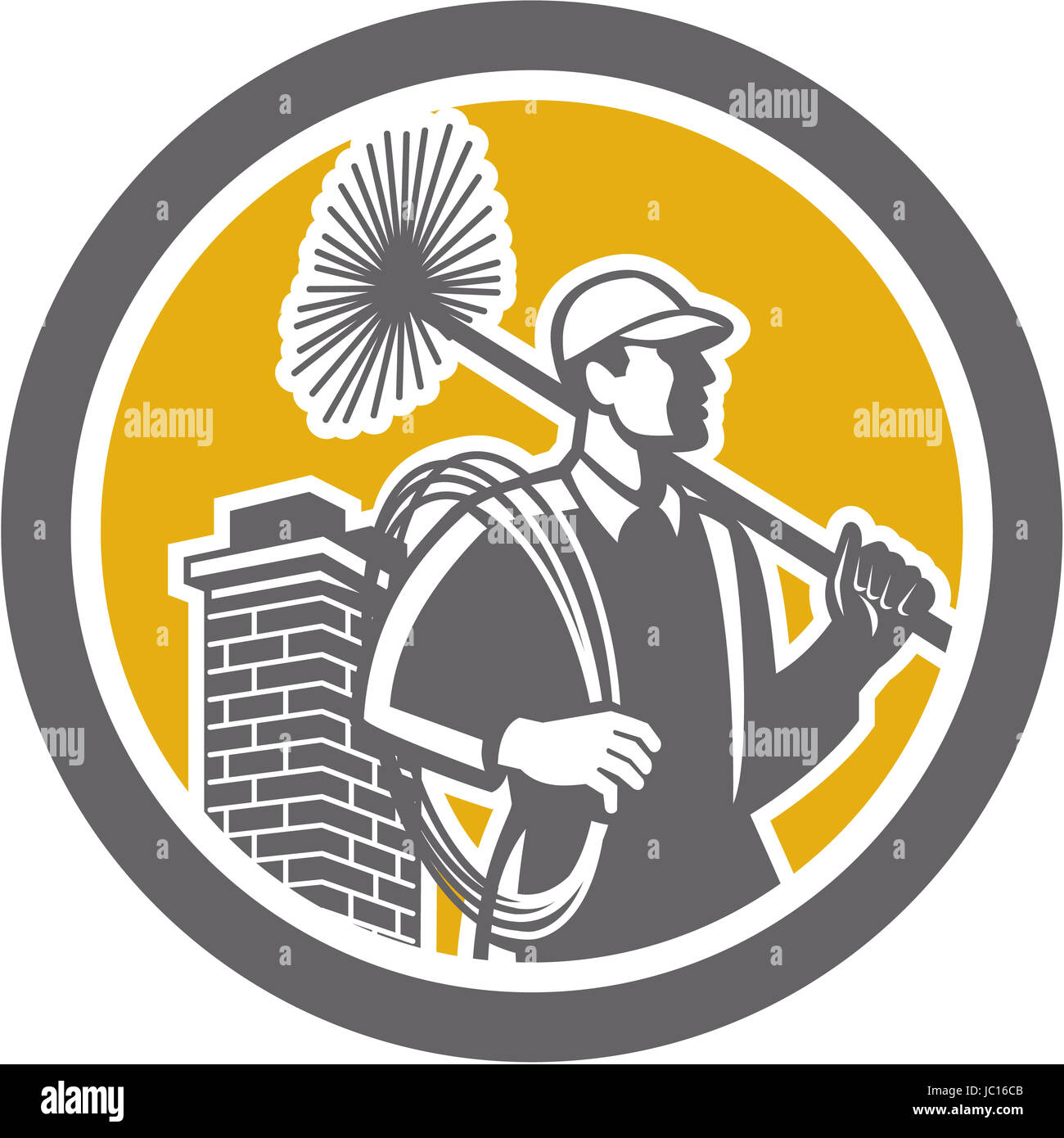 Illustration of a chimney sweep holding sweeper and rope viewed from side set inside circle on isolated background done in retro style. Stock Photo
