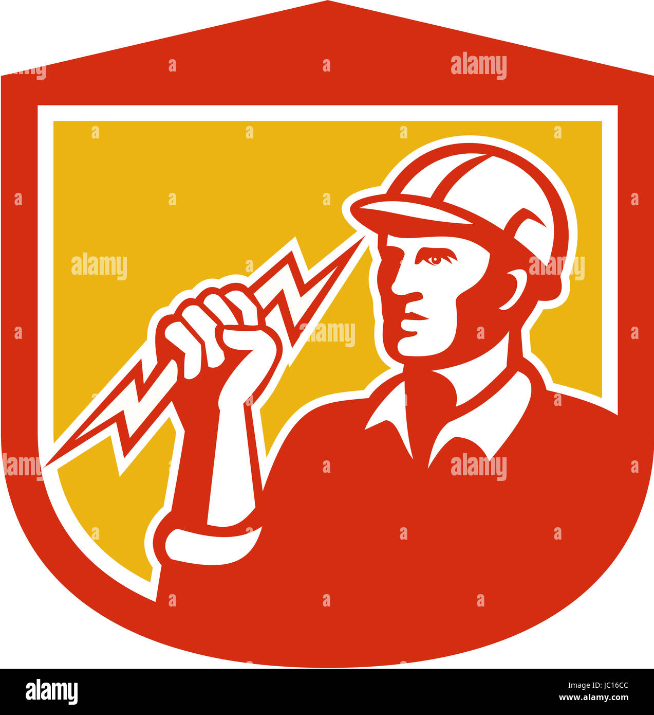 Illustration of an electrician construction worker clutching holding a lightning bolt set inside shield done in retro style on isolated white background. Stock Photo
