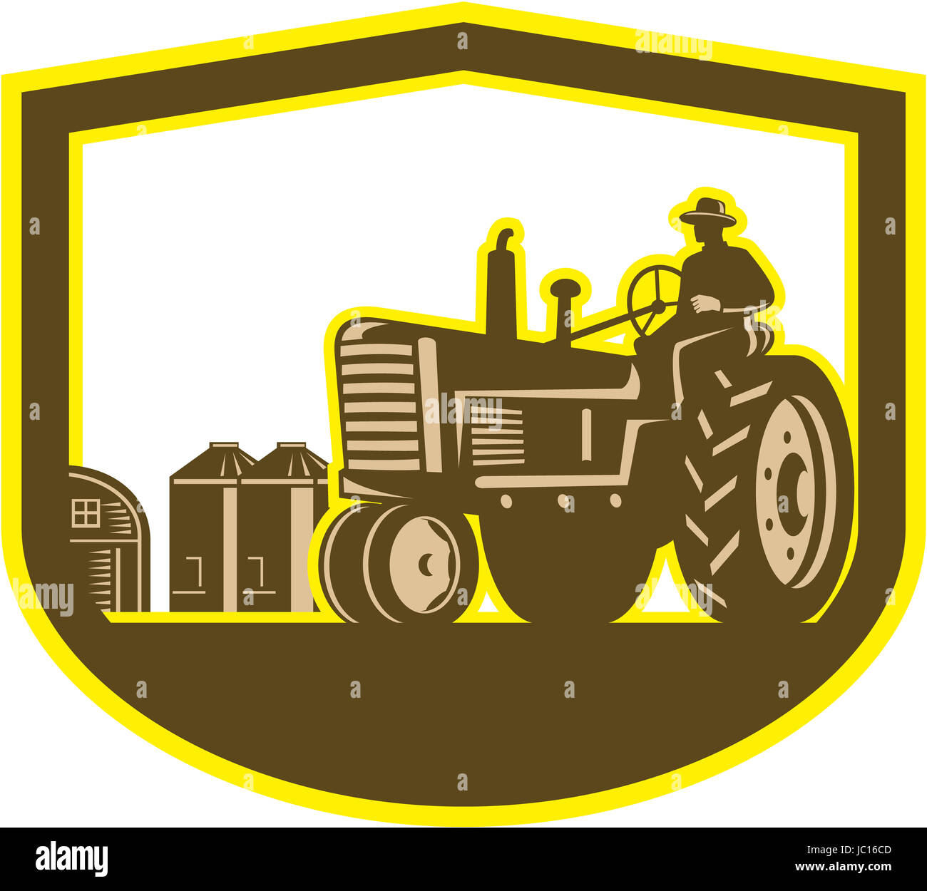 Illlustration of a farmer worker driving a vintage tractor plowing farm field set inside shield crest done in retro style on isolated background. Stock Photo