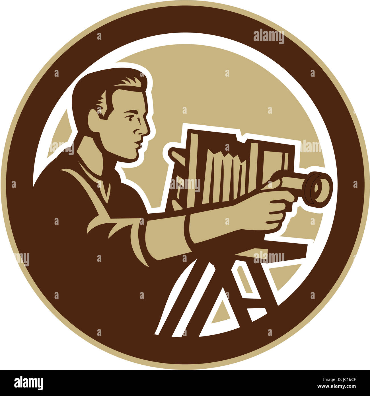 Illustration of a photographer shooting with vintage bellows camera done in retro woodcut style set inside circle. Stock Photo