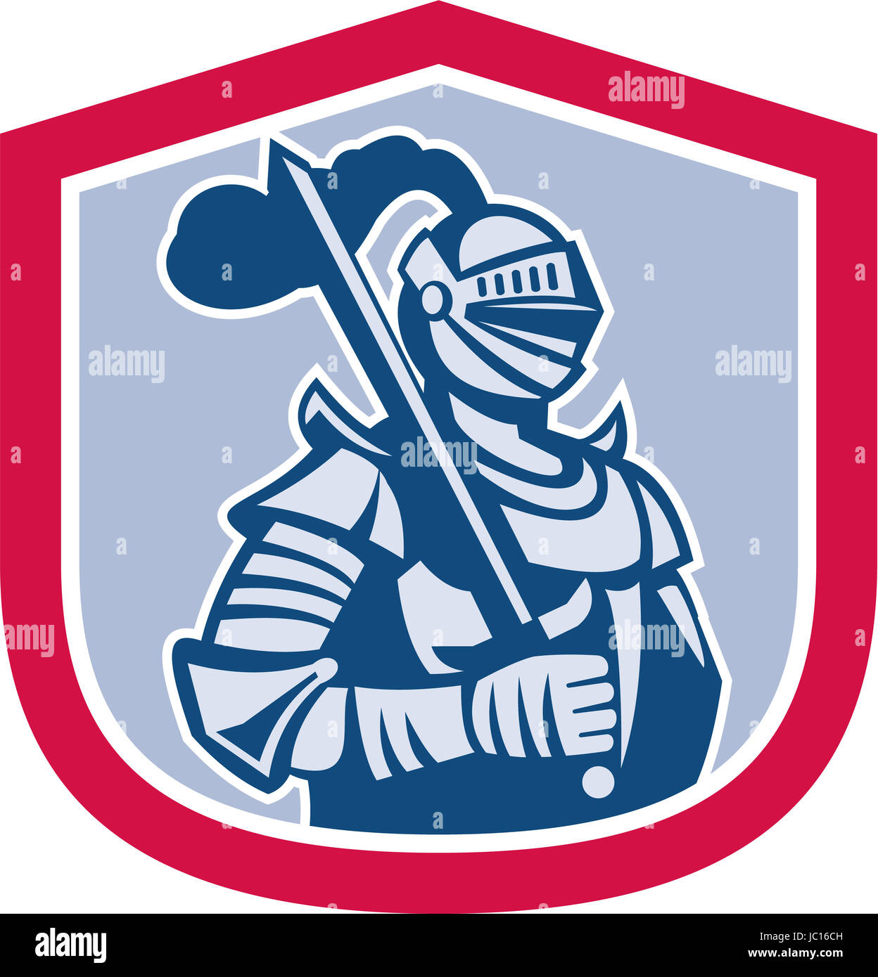 Illustration of knight in full armor brandishing a sword set inside a shield crest done in retro style. Stock Photo