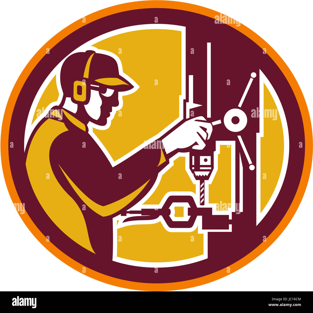 Illustration of a worker at work drilling with drill press viewed from side set inside circle done in retro style on isolated background. Stock Photo