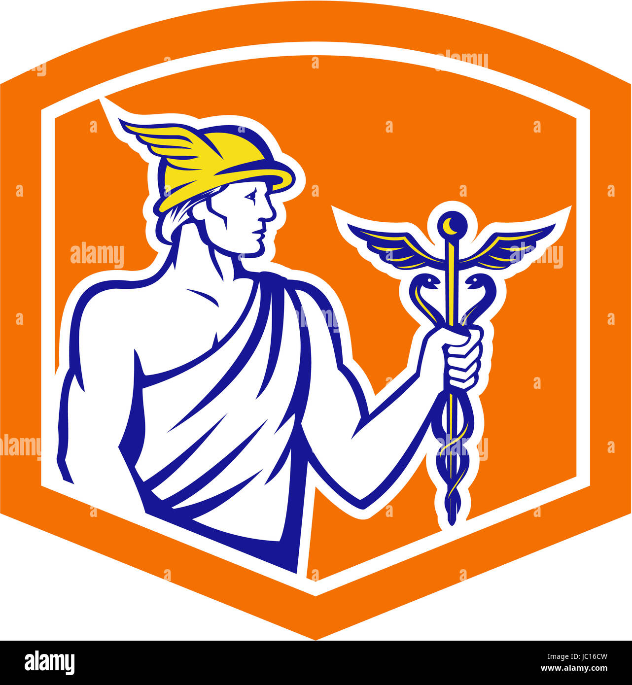 Illustration of Roman god Mercury patron god of financial gain, commerce, communication and travelers wearing winged hat and holding caduceus a herald's staff with two entwined snakes looking to side set inside crest shield done in retro style. Stock Photo