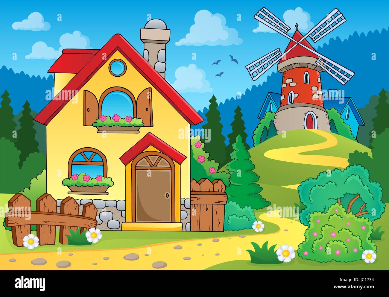 Animation Spring Whit Home Spring theme house and windmill - picture illustration Stock Photo - Alamy