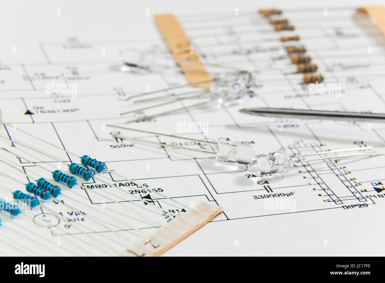 Group of electronic components and scheme Stock Photo - Alamy