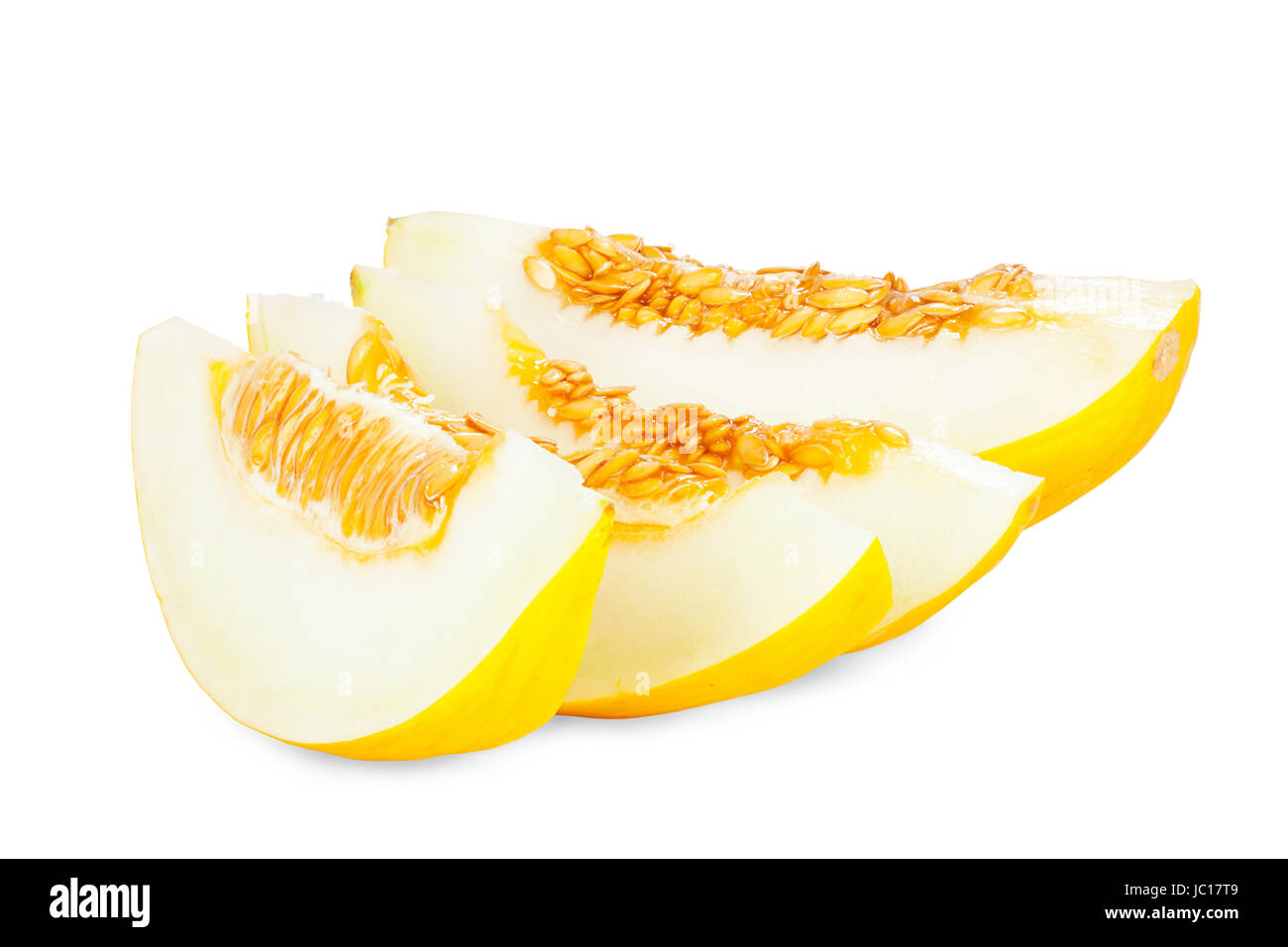 Vier Stücke einer reifen Honigmelone isoliert vor weißem Hintergrund Stock Photo